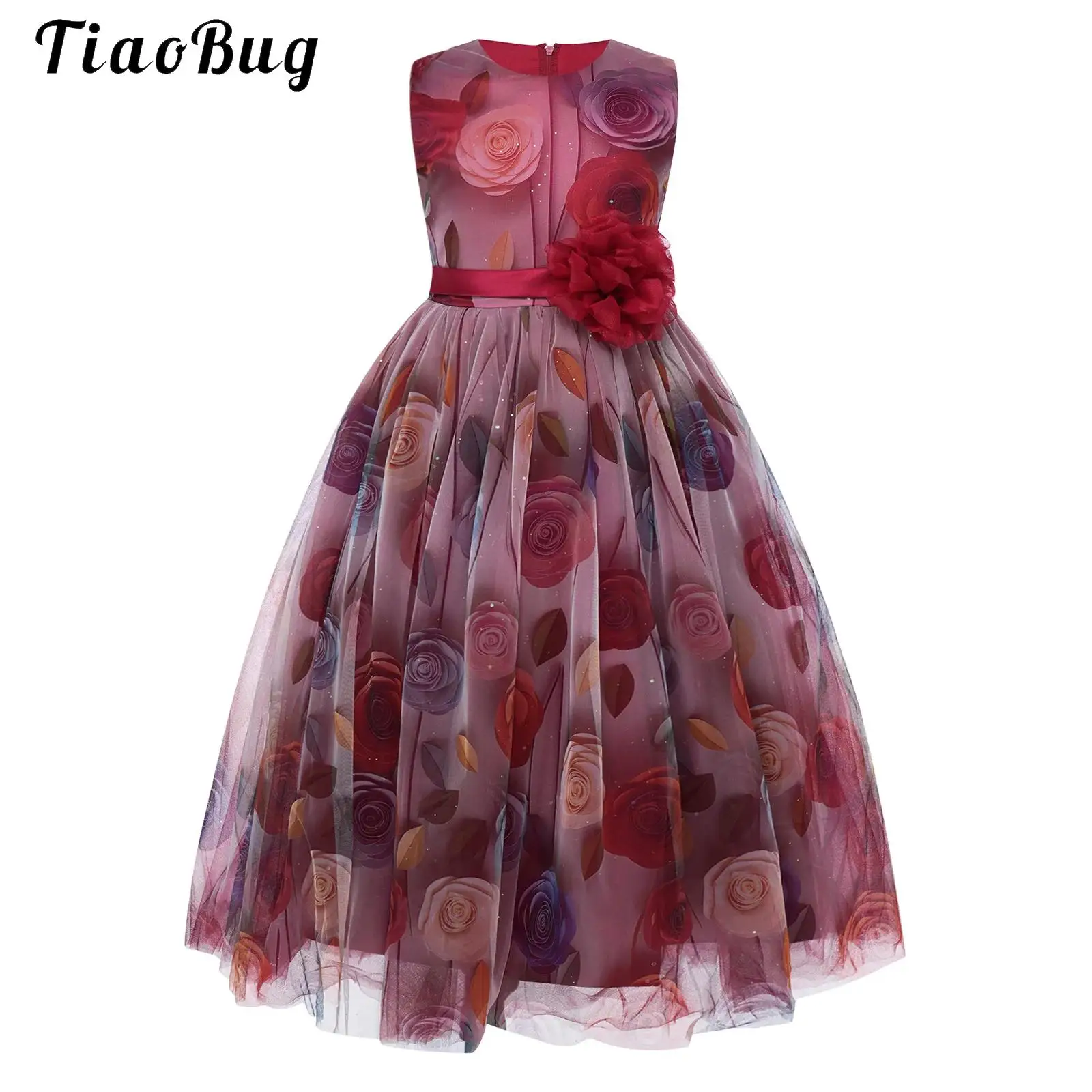 

Kids Girls Elegant Party Gown Floral Printed Tulle Sleeveless Pleated A-line Princess Dress with Waist Belt for Wedding Pageant