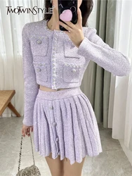 TWOTWINSTYLE Patchwork Sequins Two Piece Set For Women Round Neck Long Sleeve Top High Waist Mini Skirt Slimming Sets Female New