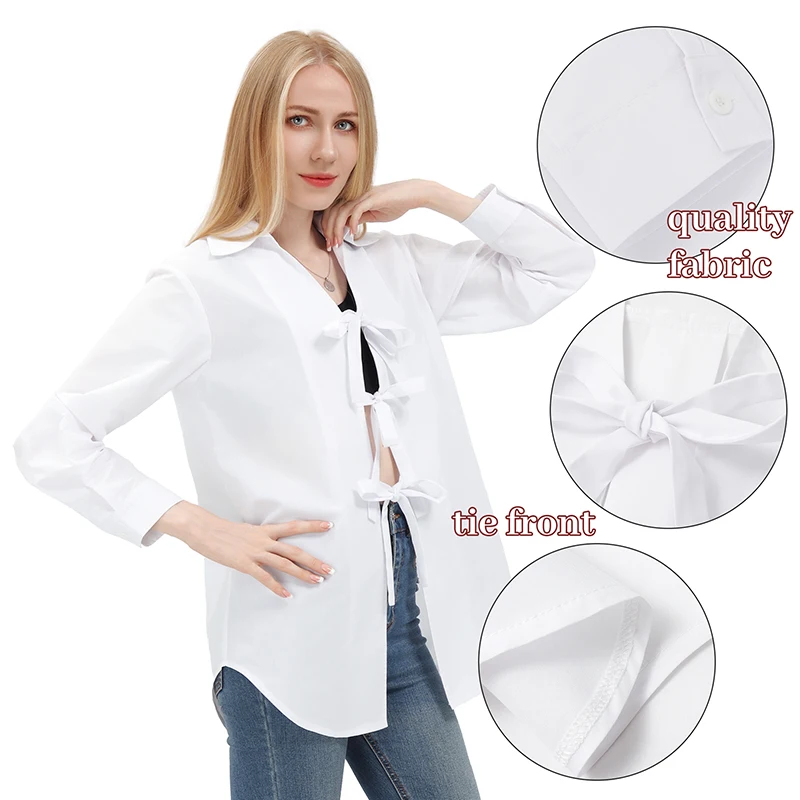 

WENAM Y2k Shirt Cute Spring Fashion Blouses Round Neck Women Bow Tie Front Top Casual Bow Blouse Plaid White Long Sleeves Shirt