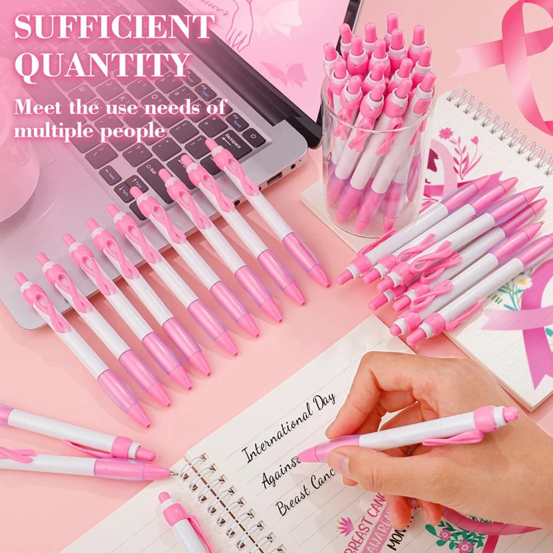 Pink Ribbon Pens Bulk, Black Ink Retractable Ballpoint Pens For Office Supply Women Girls Gift