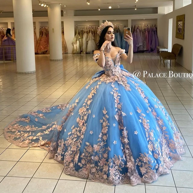 Light Blue 3D Floral Lace Princess Quinceanera Dresses Ball Gown Off The Shoulder Bow Corset Sweet 15 Vestidos De XV Anos AliExpress