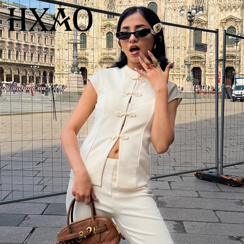 HXAO Crop Top für Damen, Off-White, ärmellos, Tanktop für Frauen, Sommer, schwarze Bluse mit Knoten und Knöpfen, eleganter chinesischer Stil, schmale Weste