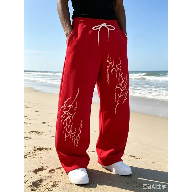 Men Kid Gothic Vertical Graphic Wide Leg Sweatpants Drawstring Loose Straight Baggy Y2K Dark Punk Streetwear Pants.