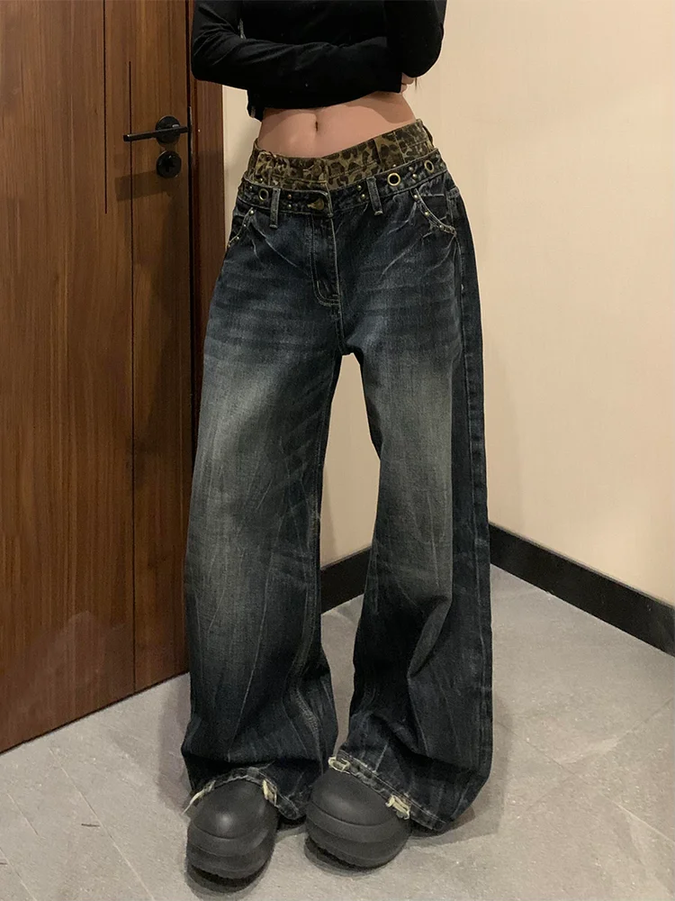 

Retro Large Size Leopard Print Patchwork Straight Leg Denim Jeans Women's Autumn Winter Loose Slim Wide Leg Long Pants