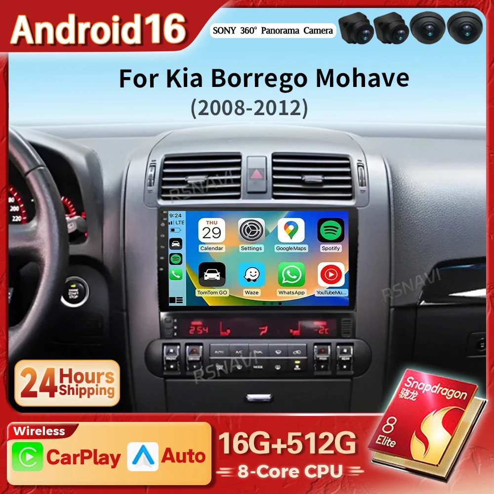 Android 16 Carplay Auto 2K Screen Car Radio Multimedia For Kia Borrego Mohave 2008 - 2012 DSP Wireless Qualcomm Video Head Unit