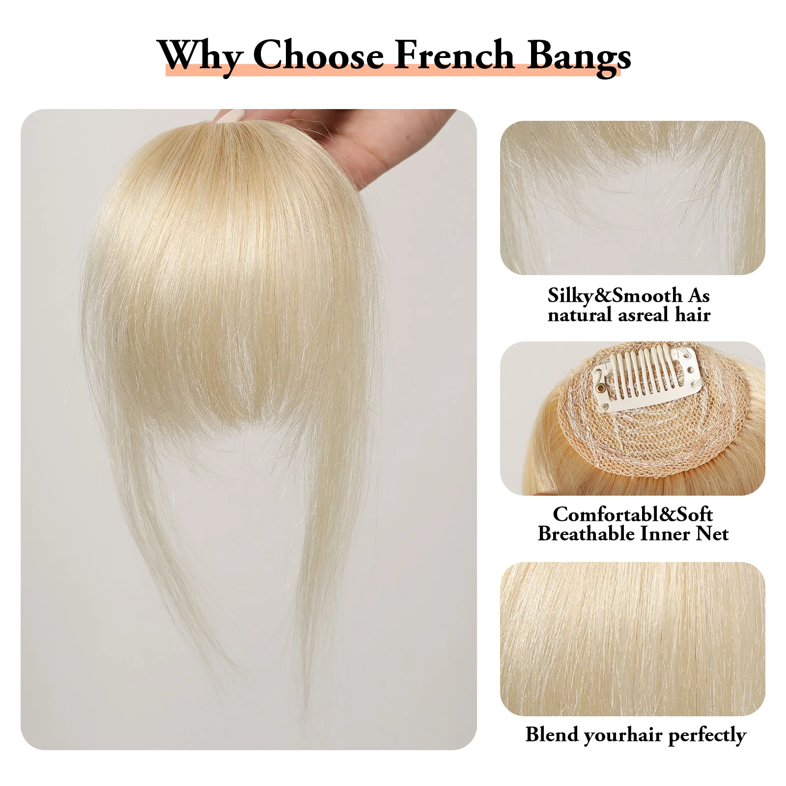 100% Human Hair Bangs Platinum Blonde Human Hair Air Bangs Straight Human Hair Pieces for Women Blunt Bangs 4,5in Hair Extension