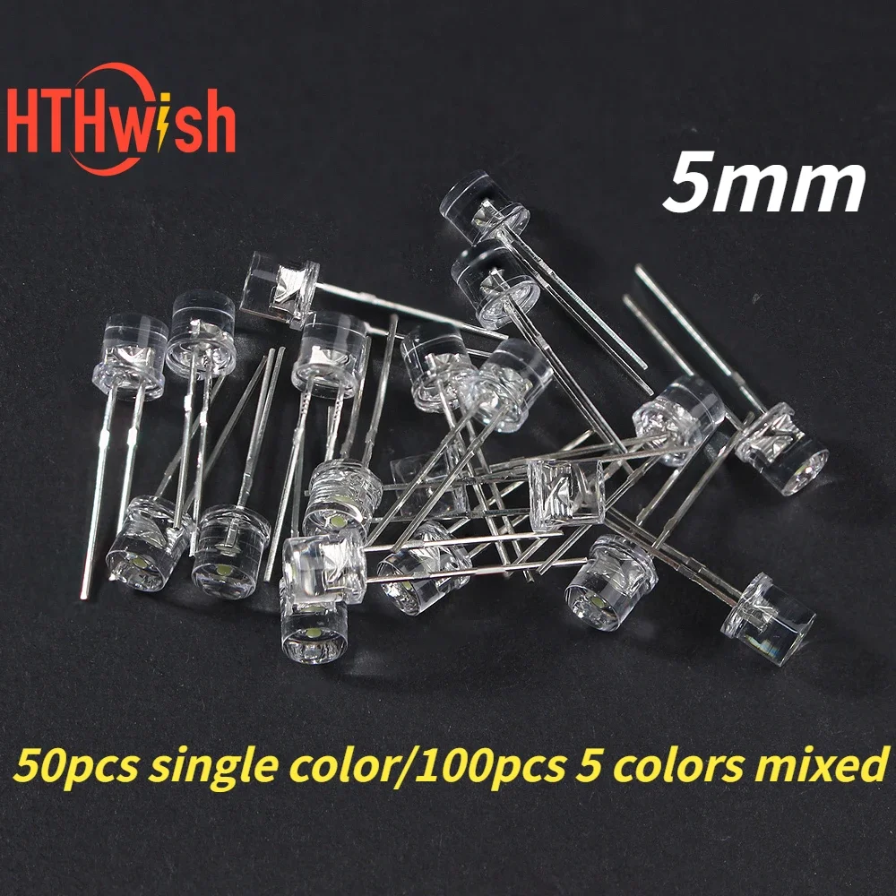 50/100PCS 5mm Led Flat LED Diode Transparent Red Yellow Blue Green White Led Lights Diod F5 Led Lights