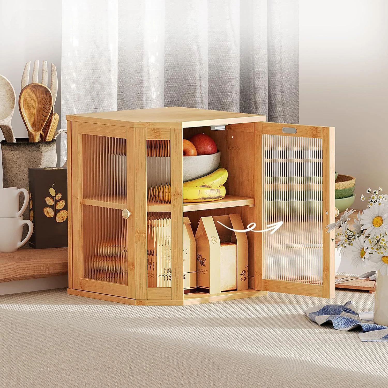 

Bamboo bread box, cabinet, dish rack, double-layer snack storage, open-door glass cover, food solid wood storage box