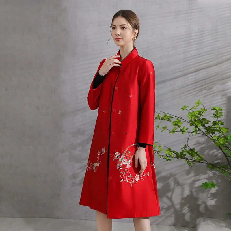 High-end Elegant Lady Outerwear Spring Autumn  Embroidery Retro Women's  Trench Coat Female M-XXL