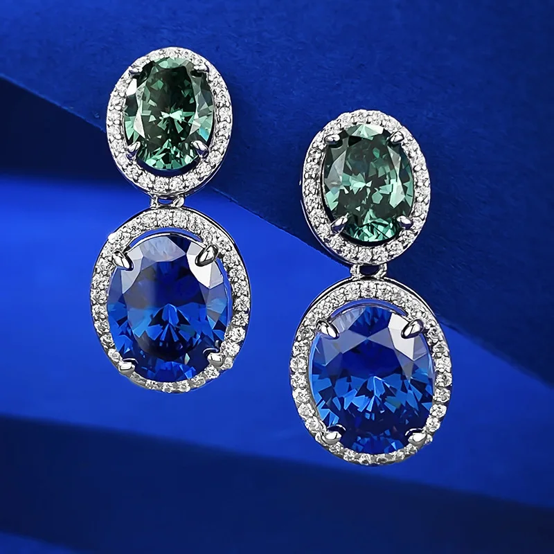 

S925 Silver 8 * 10 Oval Tanzanite Blue Green Diamond Earrings Earrings Earrings, Simple and Elegant Wholesale