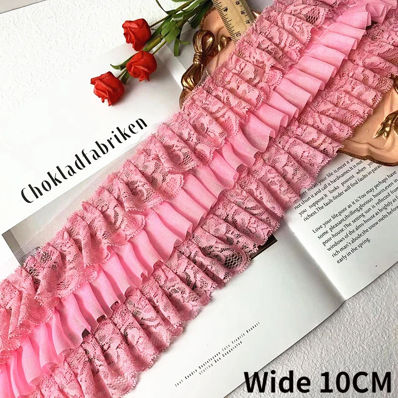 10cm breit drei Schichten rosa Chiffon 3d plissiert Spitze Stoff Rand Rüschen trim bestickt Fransen Band Kleid Guipure Nähen Dekor