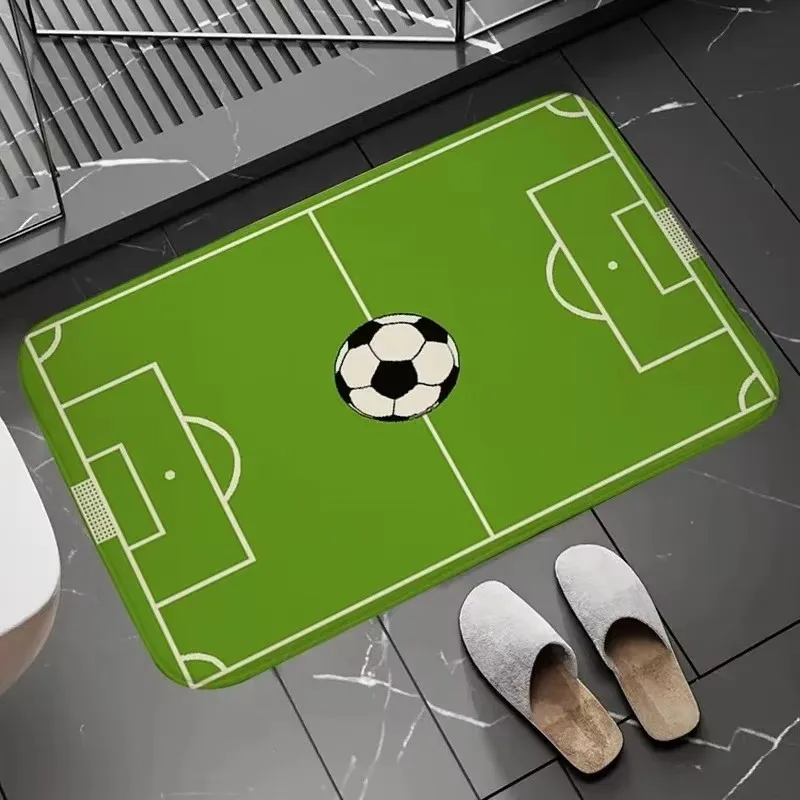 Soccer Field Print Non Slip Indoor Entry Rug Green Football Pattern Sports Theme Home Front Entrance Decor Flannel Door Mat