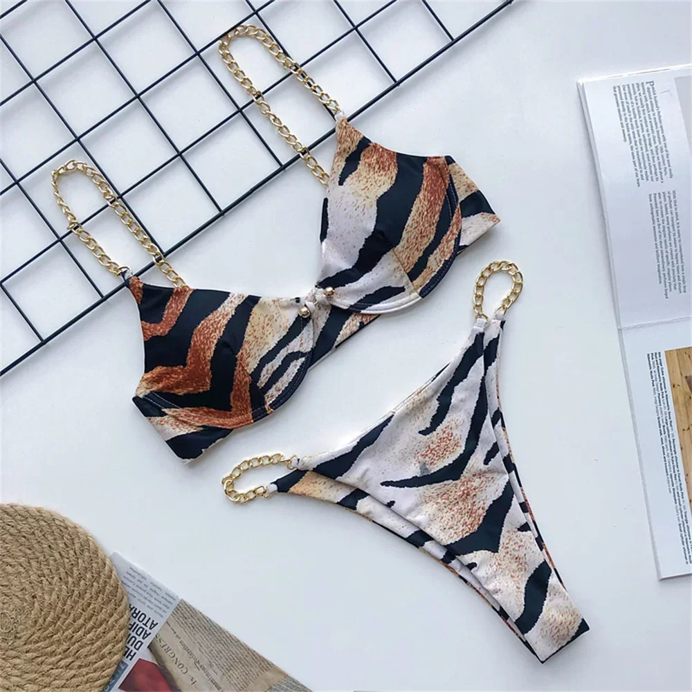 Tiger Print Extrem Bikini Chains Buckle Swimsuit Push Up Swimwear Women Trend Beach Outfit Bathing Suits Sexys Set Tanga Biquini