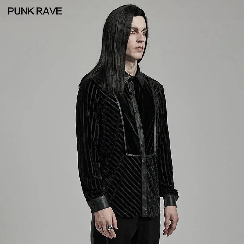 PUNK RAVE Men's Cool Handsome Solid Color Velvet Spliced Military Shirt Punk Fitted Tops Men Clothing