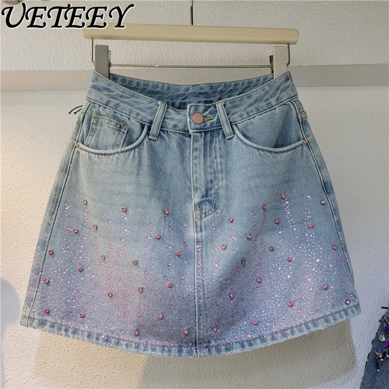 

High-Grade Beaded Rhinestone High Waist Denim Short Skirt Women's Summer Thin Slimming Anti-Emptied Sheath A- Line Mini Skirts