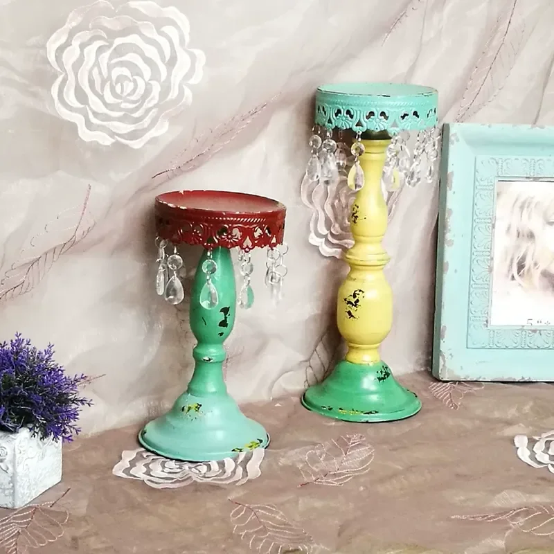 French Country Wrought Iron Vintage Crystal Candle Holder Flower Tray Stand Gardening Ornament Wedding Romantic Home Decor