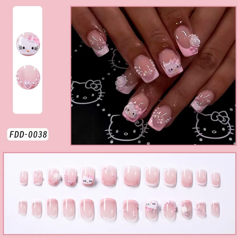 24pcs Short Square Pink Kitty Cat Press on Nails Cute Cartoon Hello Kitty Fake Nail Tips with Camellia Pearl Handmade Nail Patch