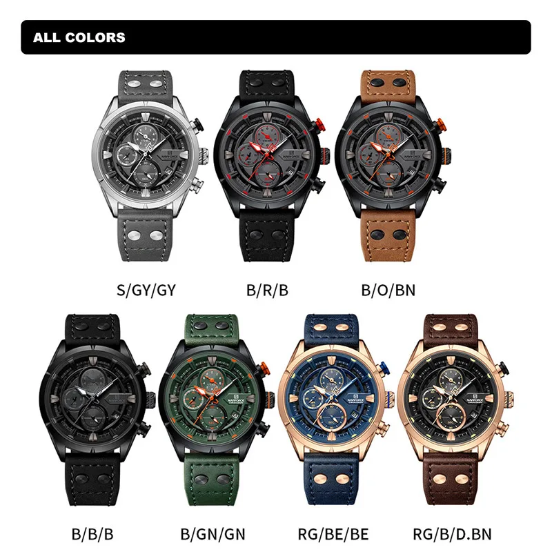 NAVIFORCE New Watch For Men Luxury Sport Leather Strap Luminous Quartz Wristwatch Waterproof Male Chronograph Clock Reloj Hombre