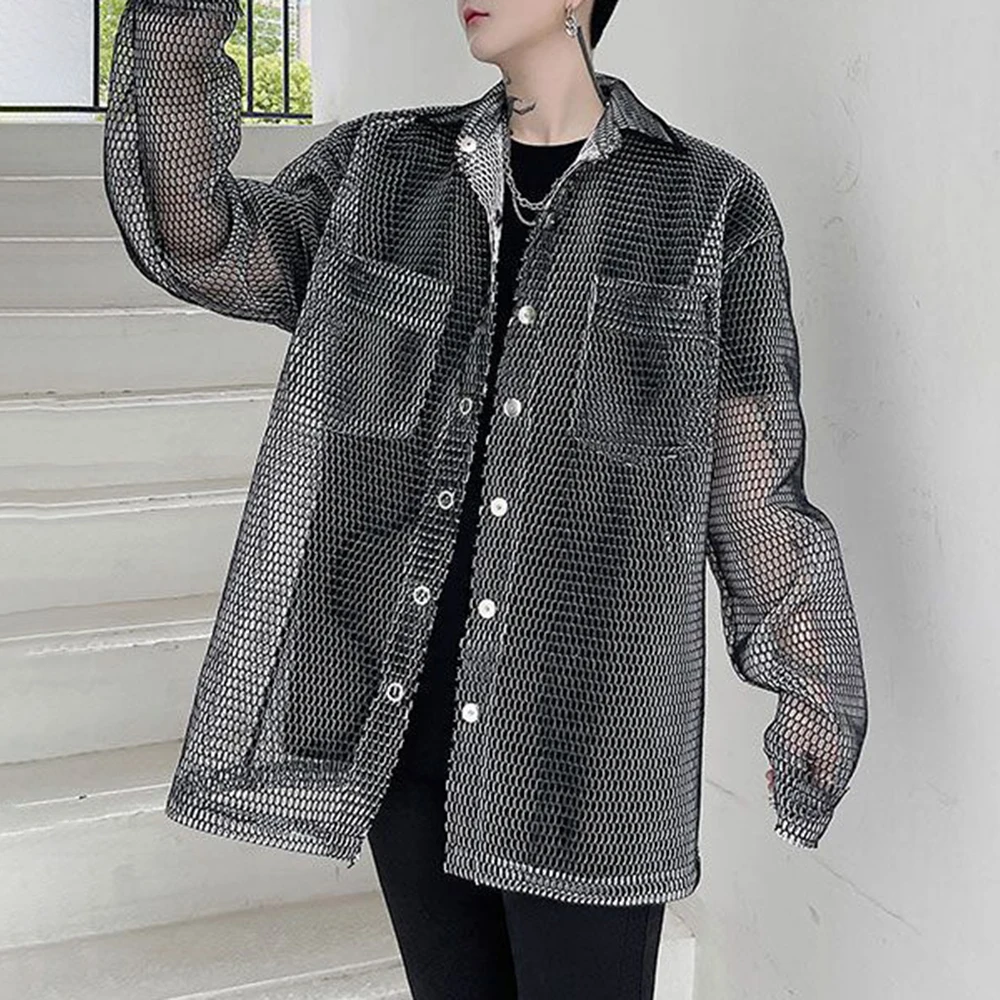 Casual Y2k Mesh Long Sleeve T Shirt Men Genderless 2024 Spring New Fashion Individuality Versatile Streetwear Retro Shirt Unisex