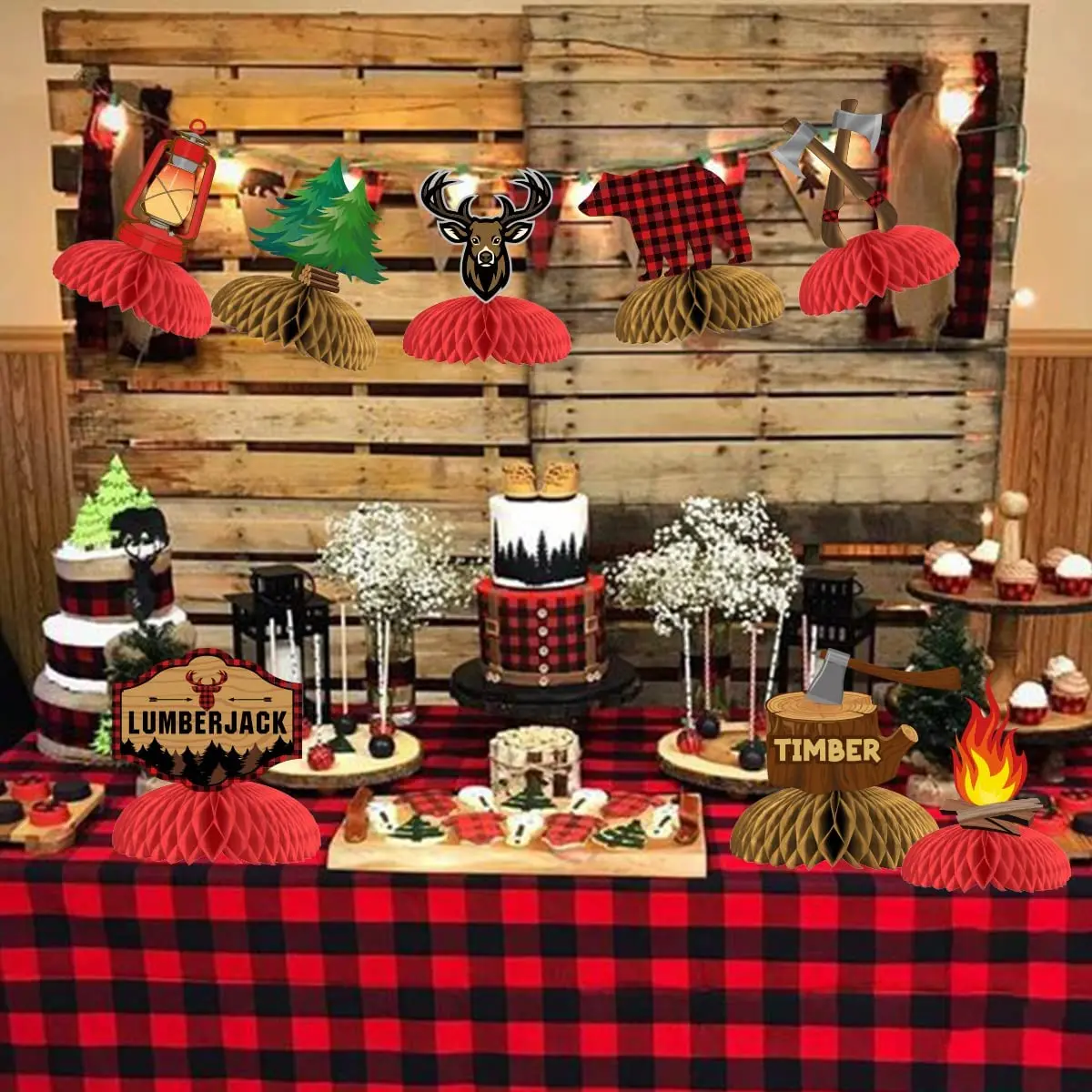 8PCS Lumberjack Buffalo Plaid Honeycomb Centerpieces Campfire 3D Table Honeycomb for Camping Birthday Party Baby Shower Decor