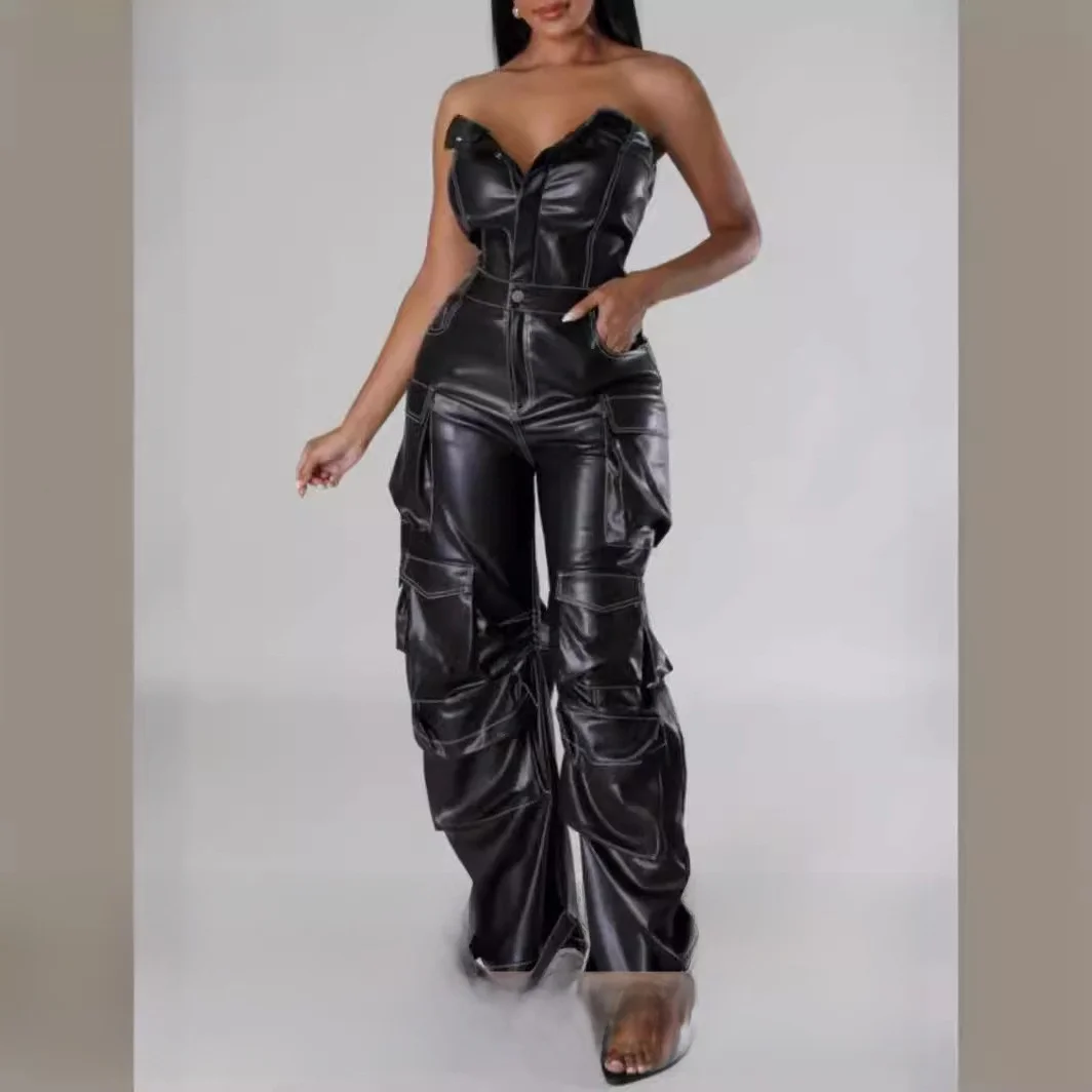 Faionable Sexy simple bouton Baja coupe ajustée Svel multi-ket salopette pantalons décontractés taille haute jambe droite mélange de coton