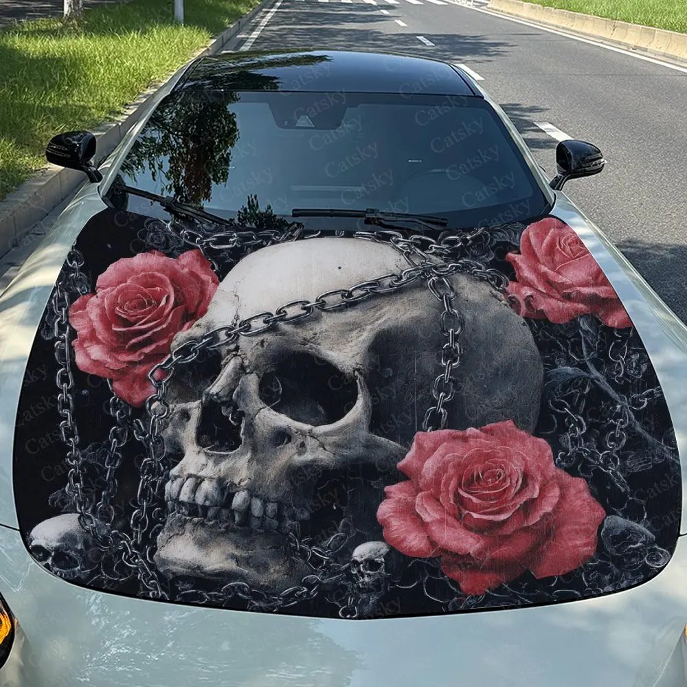 

Chains, Flowers, And Skeletons Car Hood Sticker, Automotive Exterior Customization, Durable PVC Vinyl Wrap For Car Engine Cover