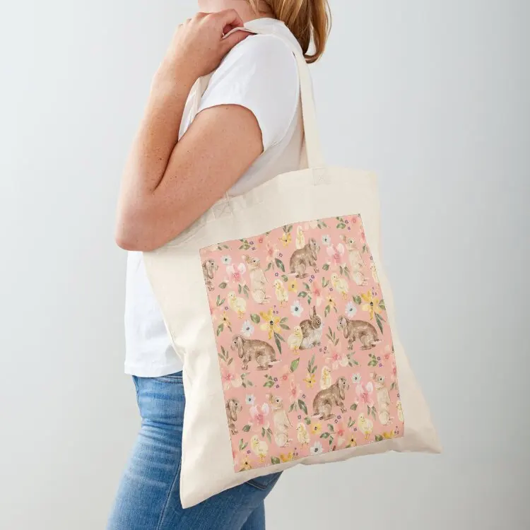 

Pink Floral Easter Bunny and Chicks Tote Bag supermarket folding bag Women's bags tote bags aesthetic Canvas shoulder bag