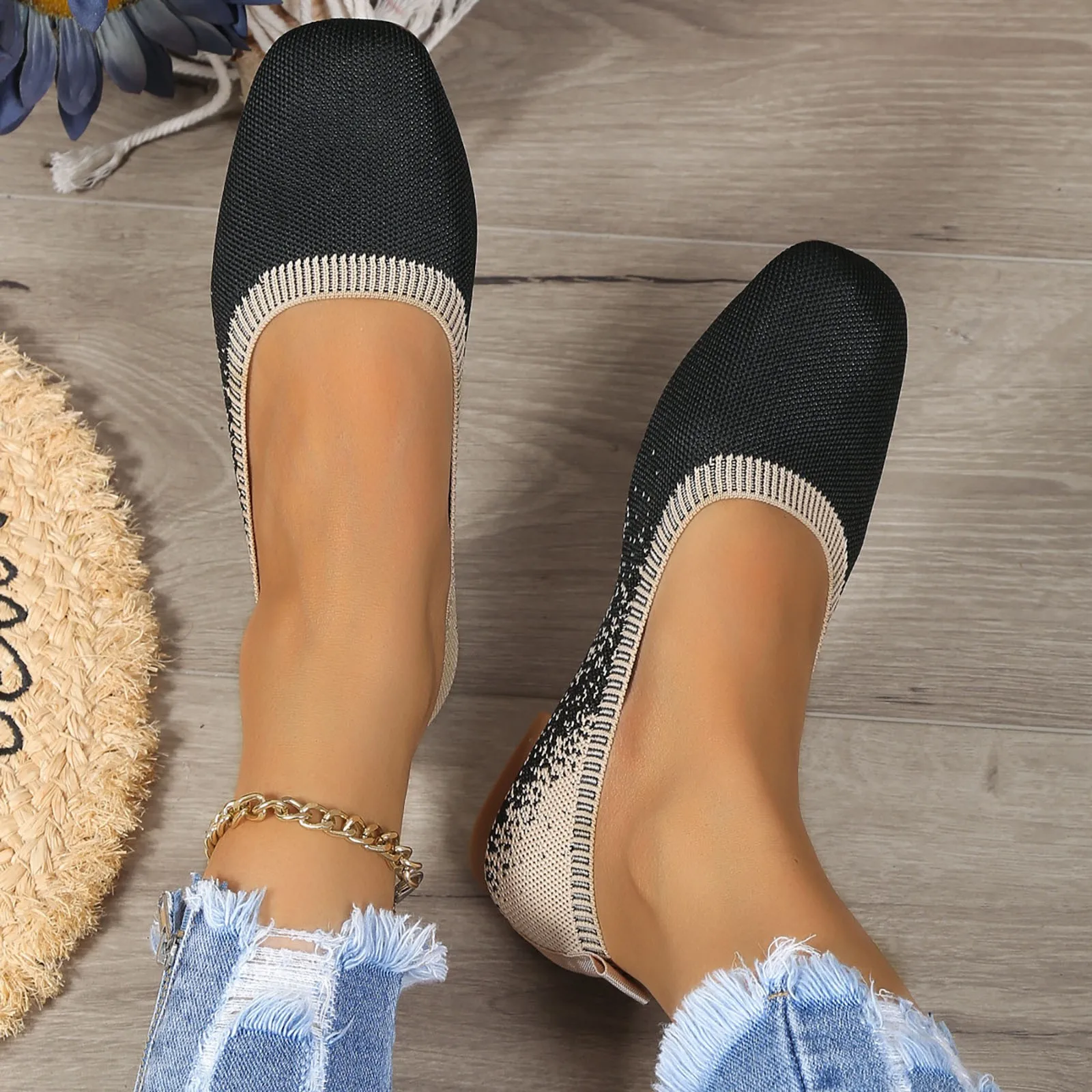 Slouchy Style Flats Women's Loafers Ombre Point Toe Slip-On Wedge High Heel Knitted Breathable Non Slip Comfortable Shoes