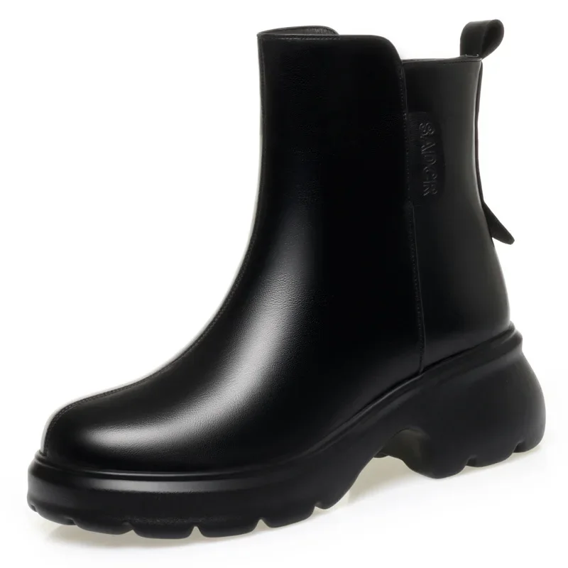 

6cm Vintage Thick Bottom Comfortable All Match Soft Leather Boots Winter Shoes 2025 Square Heels Black Warm Ankle Boots Daily