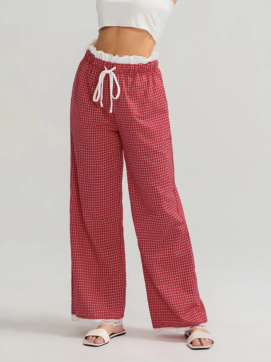 Women Y2k Plaid Pants Ruffle Trim Drawstring Elastic Waistband Casual Wide Leg Pants Full Length Pull-On Trousers