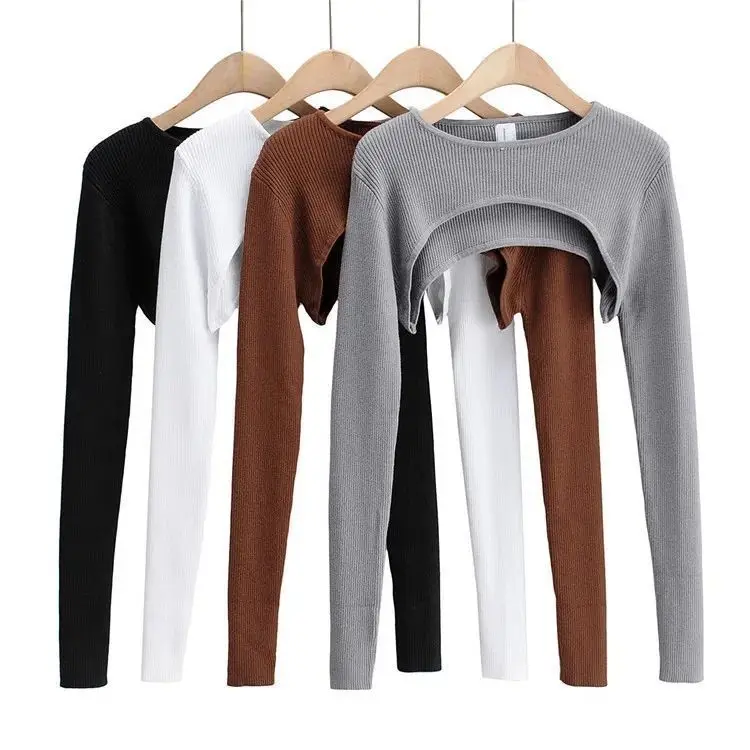 Sweet And Spicy Long Sleeve Ultra-Short T-Shirt Women's Spring Autumn New round Neck Pure Color Versatile Sleeve Cover Outerw...