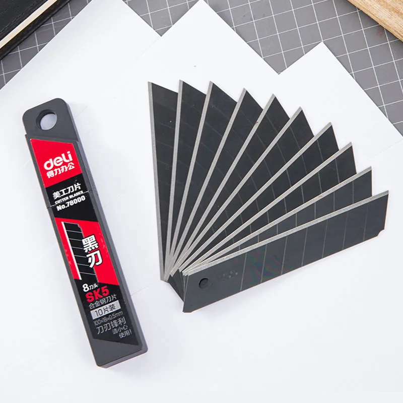 Juego de cuchillas de cuchillo Deli Metal SK5, 10 hojas/1 caja, 9/18mm, suministros escolares para el hogar, arte, artesanía, corte de papel, herramienta cortadora de cuchillos