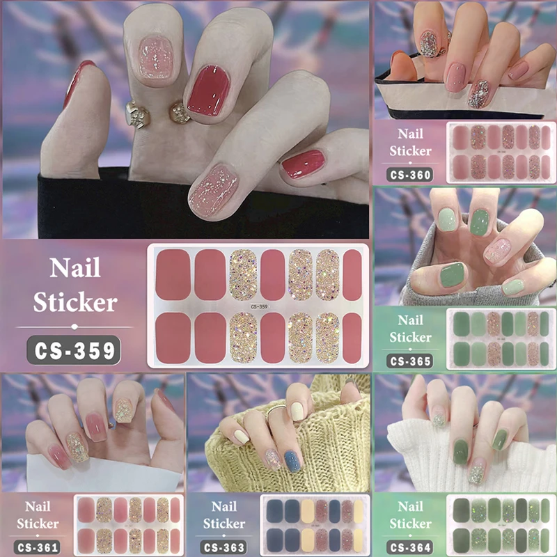 【No Baking Lamp Waterproof Nail Wraps Full Cover Nail Stickers 14Nails/Set Multi Color Nail Art Look Patch Firm】