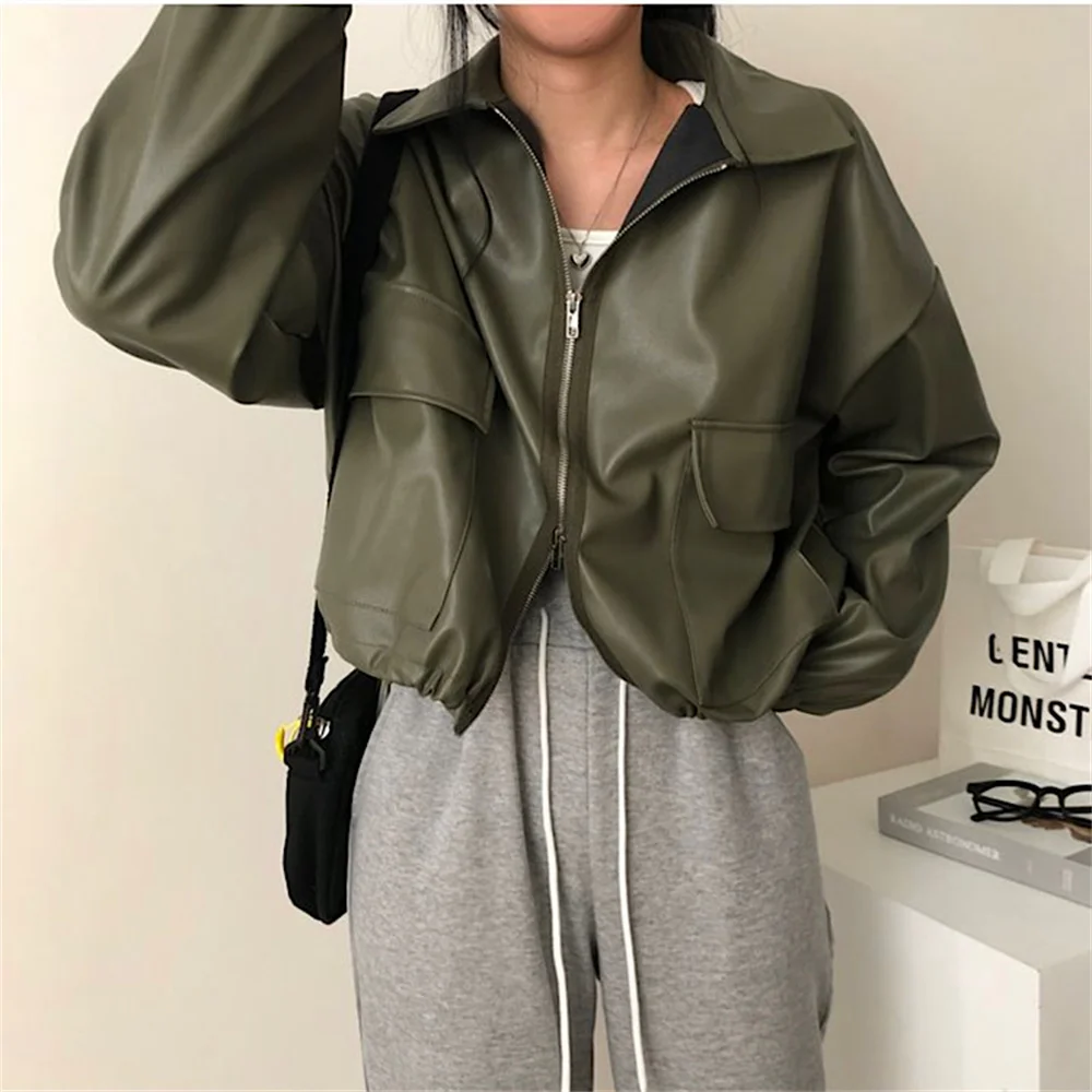 PLAMTEE Stylish Classic PU Jackets Women Pockets Zipper New Solid Loose 2022 Autumn Minimalist Chic Office Lady Mujer Coats