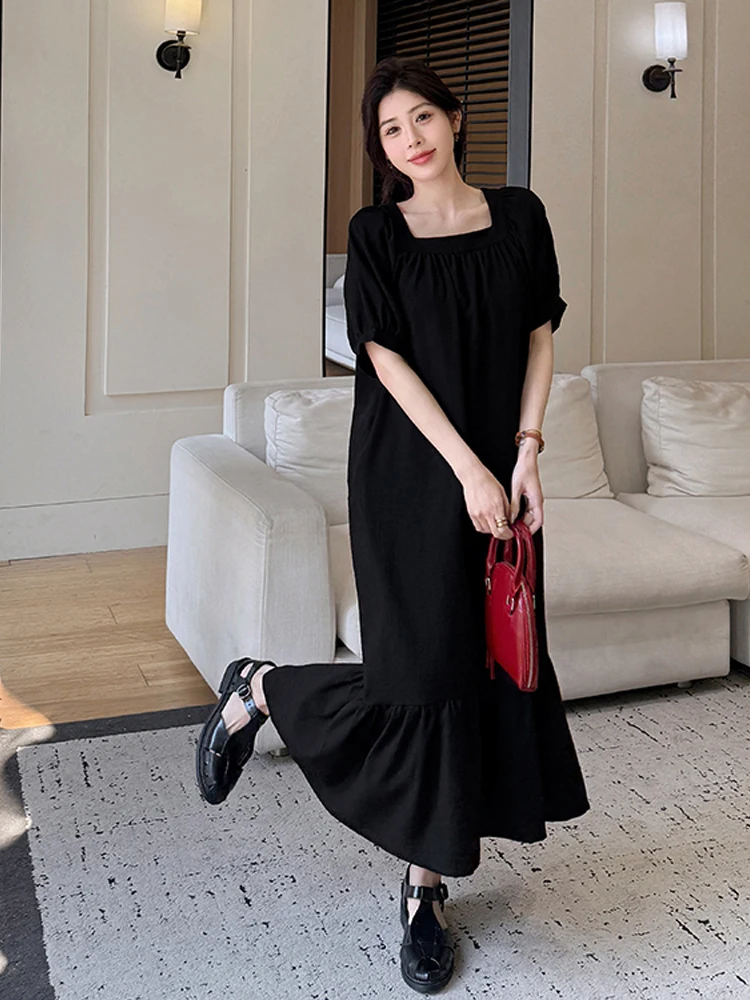 NYFS فستان صيفي 2025 النمط الكوري المرأة فضفاضة حجم كبير كم قصير القطن الكتان فستان طويل رداء Elbise #3