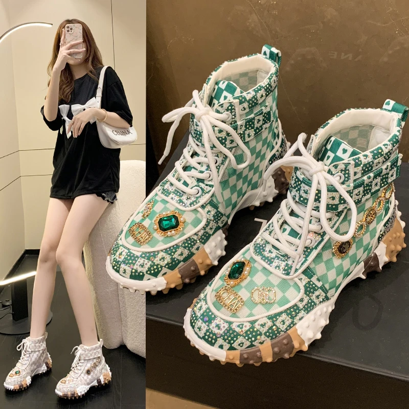 Spring and Autumn Rhinestone Ladies Sneakers Tide Drill Breathable High-Top Lace-Up  Casual Thick Sole Daddy Shoes Flannel