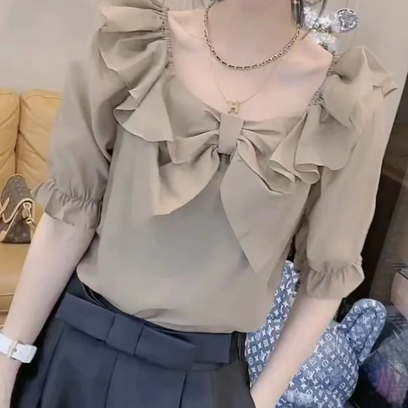 Chiffon shirt women's 2024 new ruffled bubble sleeve T-shirt women's short-sleeved summer niche design chic bow top