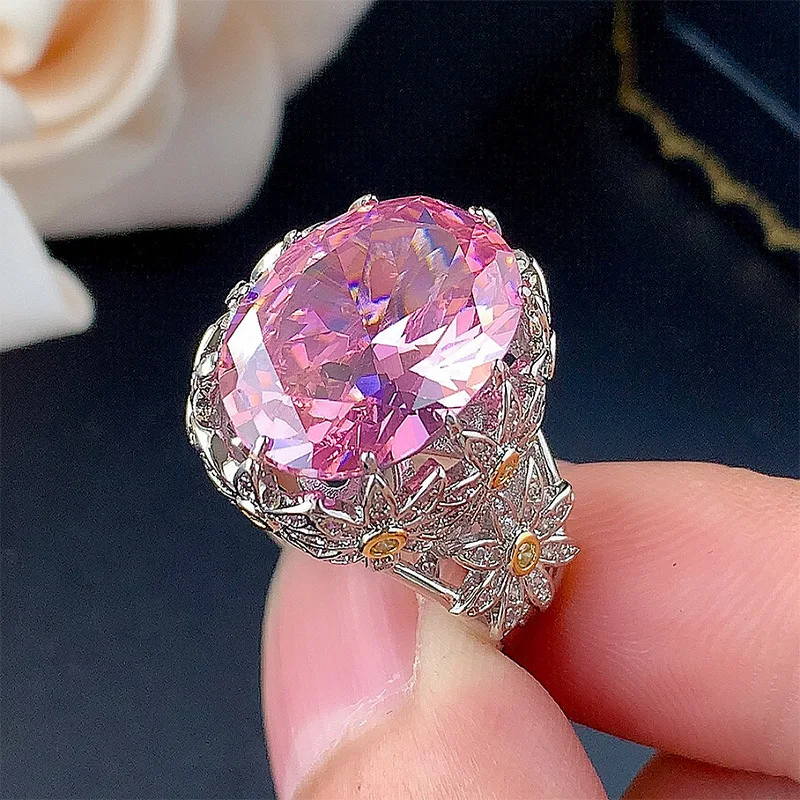 New Jewelry Ring Accessories, Color-Changing Under Purple Light, Red Corundum Pink Diamond Open Ring, High-End Light Luxury Wome