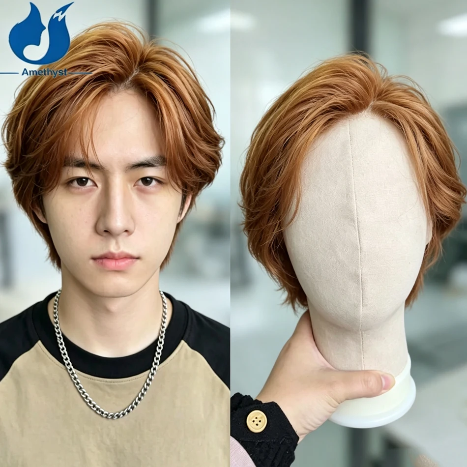Amethyst Blonde Wavy 13x6 Lace Front Human Hair Wig for Men Pre-Plucked Bleached Short Cut Side Part Pre-Styled Remy Hair Wig