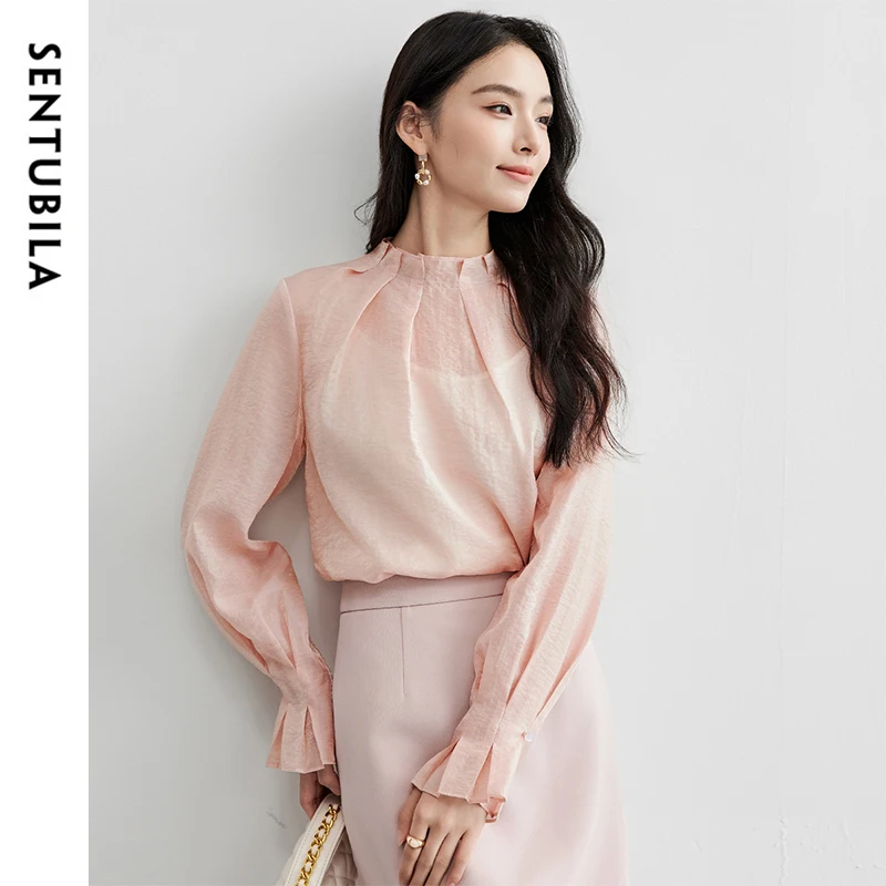 SENTUBILA Spring Women's Blouse Lyocell Ruffles Neck Petal Sleeve Folds Elegant Office Lady Loose Fit Shirts 2025 New 151C57887