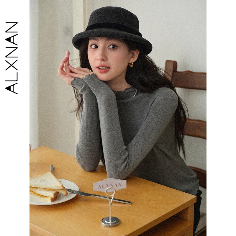 ALXNAN-suéter de lana rosa para mujer, prenda de punto de manga larga con cuello redondo y orejas de madera, jerséis de manga larga para otoño 2025, L578115-1