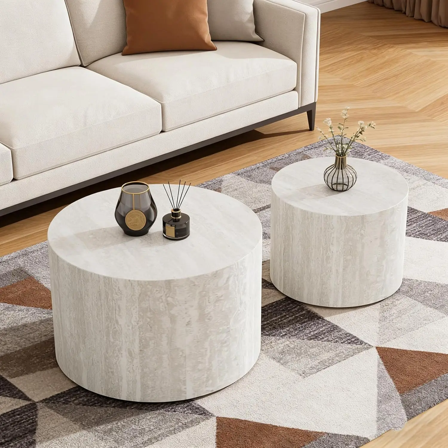 

Round Travertine Nesting Coffee Table Set of 2 with Non-Slip Feet Mat, No Assembly for Small Spaces (A 18.1+14.6in), Customized