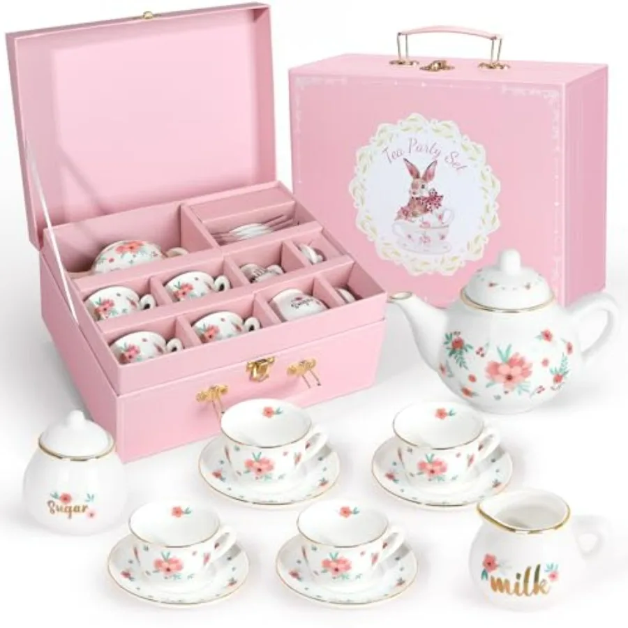 

Porcelain Tea Set for Girls, Tea Party Set for Little Girls, Tea Set Kitchen Pretend Play, Princess Tea Time Playset with Teapo