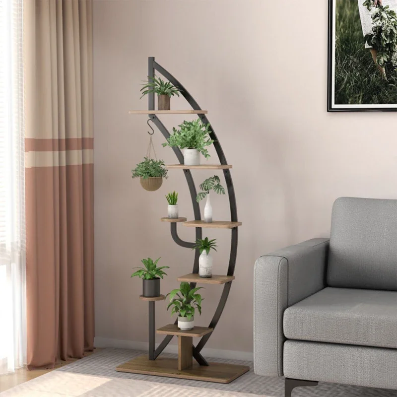 Multi-Layer Storage Space 6-Tier 9 Potted Metal Plant Stand Holder Display Shelf with Hook Moon Curved Design Plant Shelves