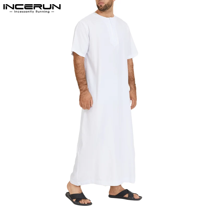 INCERUN 2024 Men\'s Muslim Jubba Thobe Solid Color Vintage Stand Collar Long Sleeve Robes Abaya Casual Male Islamic Arabic Kaftan