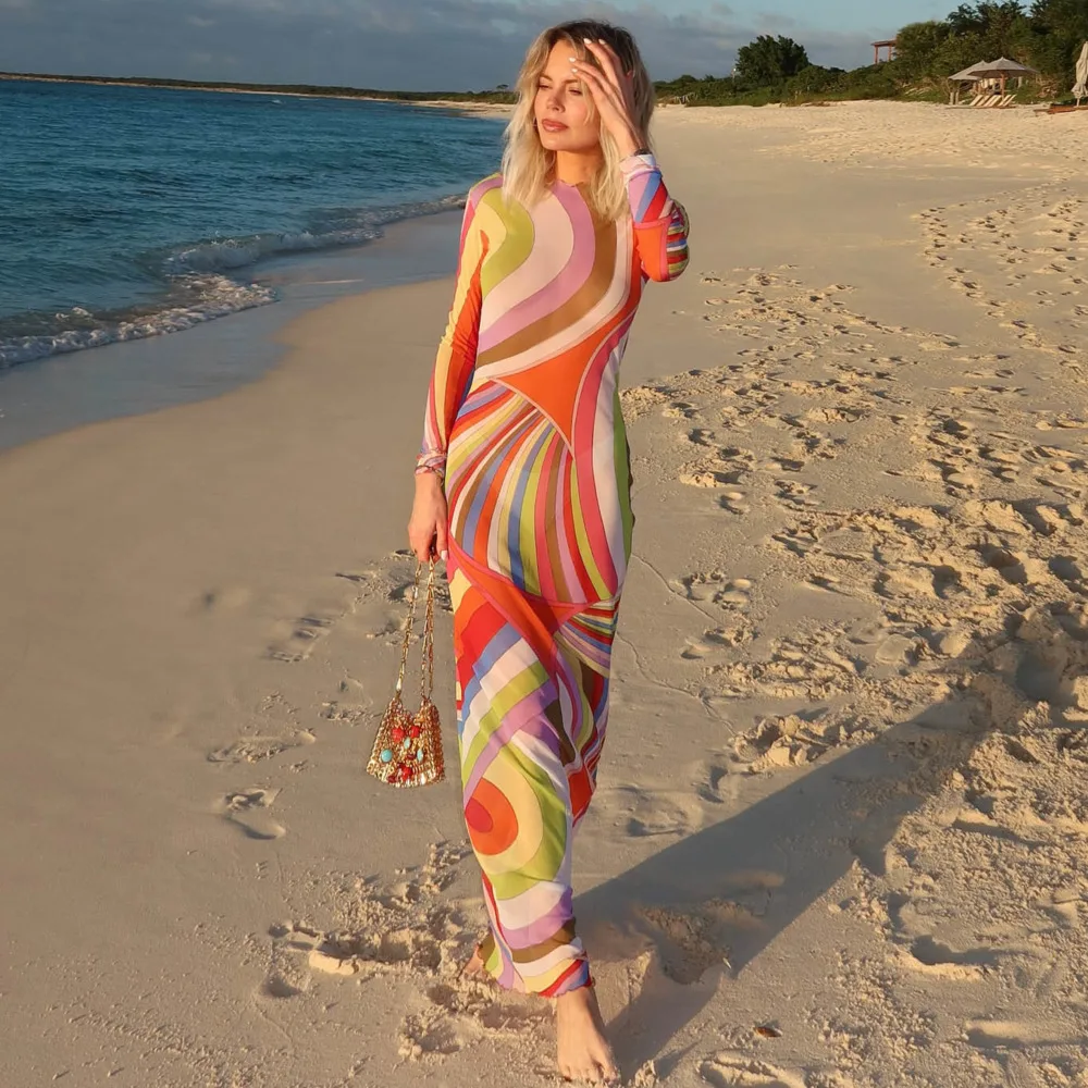 

Women Print Leopard Sexy Maxi Dress Autumn Long Sleeveless O Neck Elegant Slim Fashion Print Holiday Beach Long Dress