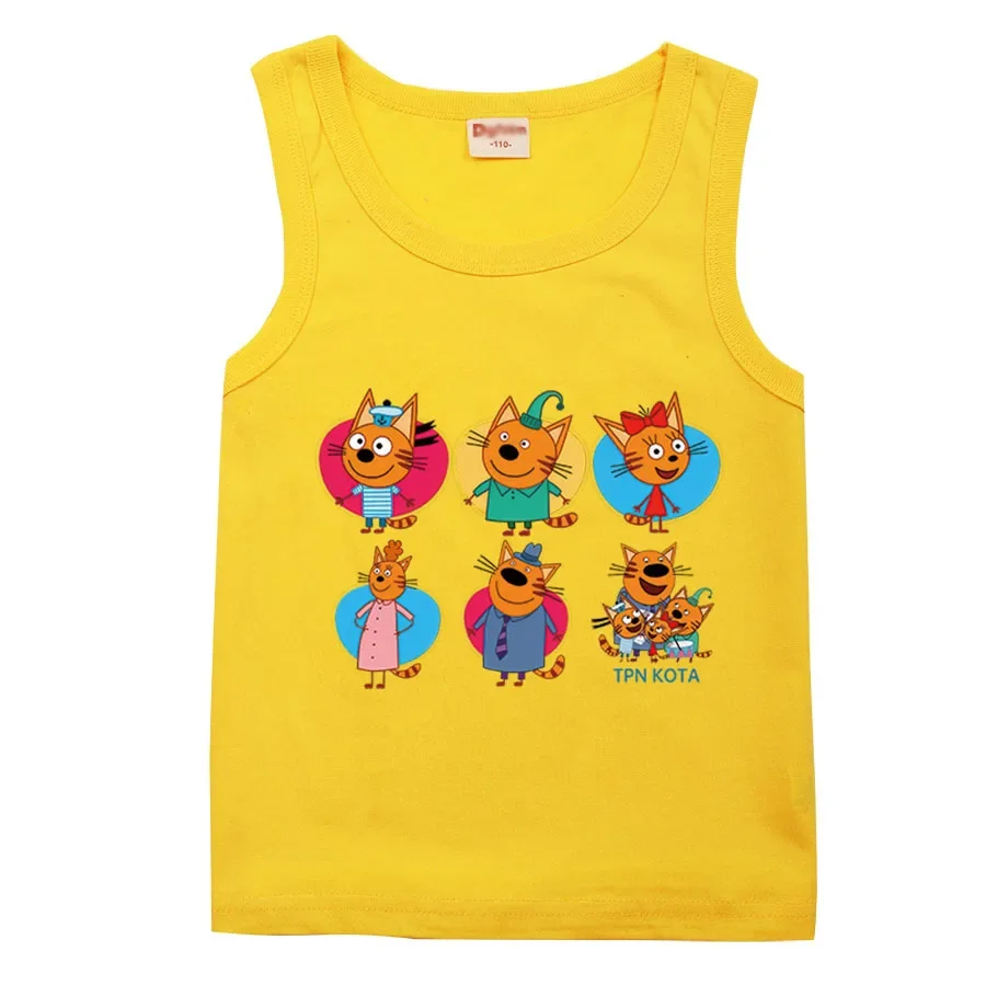 Cartoon Kid-e-cats Print T Shirt Kids Three Kitten Russian Funny Clothes Toddler Girls Sleeveless Vest Tops Boys Summer Clothing