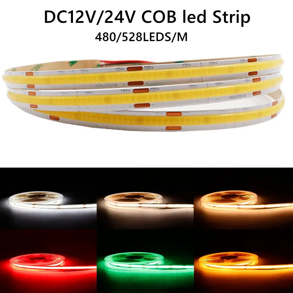 flexivel cob led strip light de alta densidade fob azul verde vermelho linear regulavel dc12v 24v 480 528leds por m 01