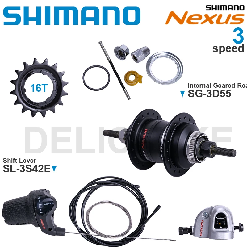

SHIMANO NEXUS 3-speed Internal Geared Hub SG-3D55 Shift Lever SL-3S42E SM-BC06 and 16T Single Sprocket Original parts