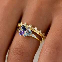 Huitan Multi Colored CZ Set Rings for Women Wedding Anniversary Party Luxury Elegant Lady Accessories Gold Color Fashion Jewelry
